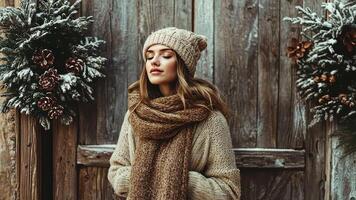Calm and cozy Christmas caroler in soft neutral colors, singing in front of a rustic wooden door, creating a peaceful holiday setting. Christmas carolers video