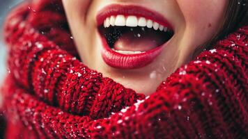 Lifelike close-up of a caroler's emotional expression while singing, with visible breath and intricate textures of winter clothing, embodying the warmth of Christmas. Christmas carolers video