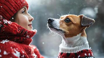 Christmas caroler singing next to a cheerful dog in a holiday sweater, snow gently falling, adding warmth and joy to the scene. Christmas carolers video