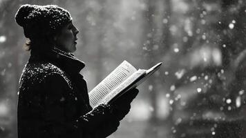 Timeless black-and-white Christmas scene featuring a caroler against a snowy backdrop, with detailed textures and stark contrasts highlighting the holiday moment. Christmas carolers video