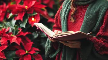 Traditional Christmas caroler in red and green, holding a songbook, surrounded by festive poinsettias and holly, creating a cozy holiday atmosphere. Christmas carolers video