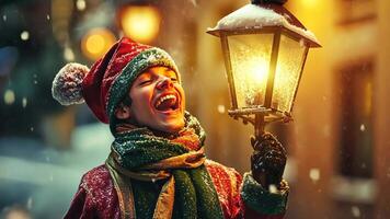 Joyful Christmas caroler in festive red and green under a street lantern, snowy path creating warm and cozy atmosphere. Christmas carolers video