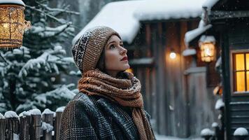 Christmas caroler in a wool scarf and coat standing by a wooden house with snow-covered branches for a rustic holiday scene. Christmas carolers video