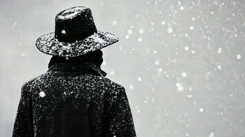 Black-and-white photograph of a Christmas caroler in the snow, showcasing the textures of winter clothing and the contrast of falling snow in a classic, timeless image. Christmas carolers video