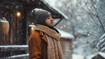 Caroler wrapped in a cozy scarf standing by a snow-covered house, surrounded by wooden textures and jute-wrapped lanterns for a rustic Christmas scene. Christmas carolers video