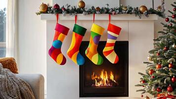 Bright, unconventional Christmas stockings and abstract ornaments, creating a fresh and modern holiday atmosphere in a contemporary living room. Christmas stockings, New Year video