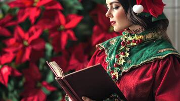 Classic Christmas caroler in rich red and green attire, singing in front of vibrant poinsettias and holly leaves in a warm holiday setting. Christmas carolers video