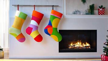 Classic Christmas stockings in vibrant neon colors and minimalist designs, hanging on a sleek white fireplace with abstract ornaments for a fresh holiday look. Christmas stockings, New Year video