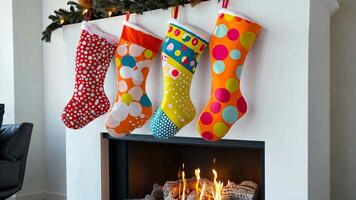 Neon-colored Christmas stockings with a minimalist design, adding a modern twist to traditional decor on a sleek white fireplace. Christmas stockings, New Year video