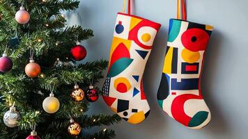 Contemporary Christmas scene with geometric-patterned stockings and an art-inspired tree, creating a fresh and dynamic twist on holiday symbols. Christmas stockings, New Year video