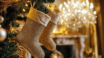 Luxurious Christmas setting with glittering stockings, a grand chandelier, and opulent fabrics, adding sparkle and richness to the festive atmosphere. Christmas stockings, New Year video