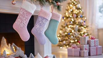 Pastel Christmas scene with stockings in pink, lavender, and green, surrounded by soft decor and twinkling fairy lights for a dreamy holiday atmosphere. Christmas stockings, New Year video