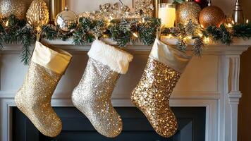 Glamorous Christmas stockings in gold and silver, surrounded by crystal decorations and glowing candlelight, creating a sophisticated holiday setting. Christmas stockings, New Year video