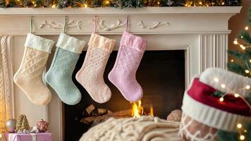Pastel-colored stockings and muted holiday decor with fairy lights, adding a dreamy and cozy quality to a festive Christmas scene. Christmas stockings, New Year video