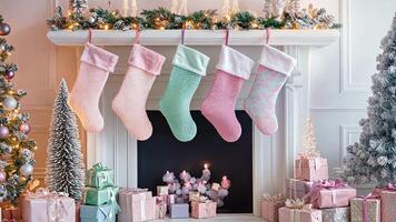 Cozy holiday scene with pastel stockings and muted decor in pink, lavender, and green, illuminated by twinkling fairy lights for a magical Christmas vibe. Christmas stockings, New Year video