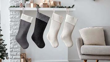 Bright, minimalist Christmas scene with monochrome stockings and modern furniture, creating an uncluttered, elegant holiday atmosphere. Christmas stockings, New Year video
