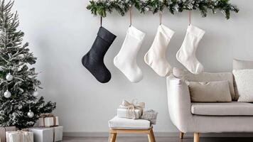 Monochromatic Christmas stockings in white and charcoal, displayed in an open space with minimal decor, emphasizing simplicity and modern elegance. Christmas stockings, New Year video