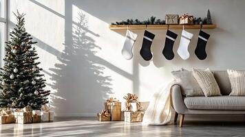 Minimalist Christmas setting with white and charcoal stockings, hanging in a bright, open space with modern furniture and an airy, elegant atmosphere. Christmas stockings, New Year video