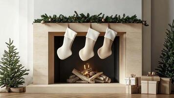 Sleek, minimalist Christmas stockings in beige and grey, displayed on a simple fireplace, offering a modern and understated holiday aesthetic. Christmas stockings, New Year video