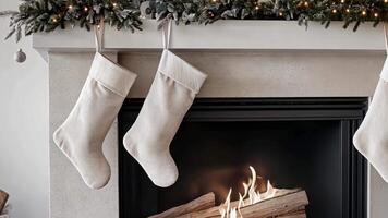 Christmas stockings in neutral beige and grey tones, hanging on a minimalist fireplace, creating a modern and elegant holiday atmosphere. Christmas stockings, New Year video
