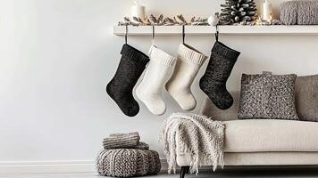 Monochrome Christmas stockings in black, white, and grey tones, neatly displayed on a clean white wall, emphasizing a stylish, minimalist holiday aesthetic. Christmas stockings, New Year video