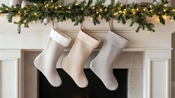 Minimalist Christmas scene with neutral-tone stockings on a sleek fireplace, surrounded by modern decor, emphasizing simplicity and clean lines. Christmas stockings, New Year video