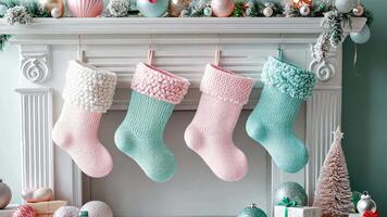 Light pastel stockings in shades of pink, mint, and blue, with whimsical holiday decor, adding a playful and modern touch to a family-friendly Christmas. Christmas stockings, New Year video