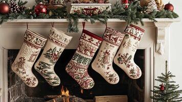 Embroidered Christmas stockings in faded red and green, with retro ornaments and a soft glow, creating a nostalgic 1950s holiday ambiance. Christmas stockings, New Year video