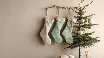 Minimalist Christmas scene with upcycled fabric stockings and a small tree with handmade paper ornaments, creating a calm, eco-conscious holiday atmosphere. Christmas stockings, New Year video