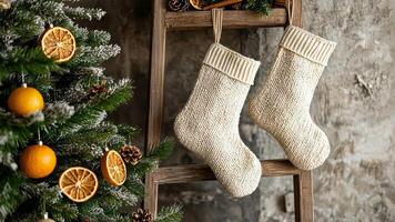 Natural Christmas decor with cotton and wool stockings on a ladder, minimalist tree adorned with orange slices and cinnamon for a serene holiday setting. Christmas stockings, New Year video
