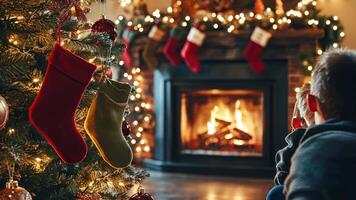 Family scene by a decorated Christmas tree with stockings in red, green, and brown, hanging by a crackling fireplace, warm lights creating a cozy holiday atmosphere. Christmas stockings, New Year video