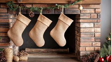 Handmade burlap and jute Christmas stockings on a brick fireplace, surrounded by natural elements like pinecones and wooden beads, creating a rustic holiday atmosphere. Christmas stockings, New Year video
