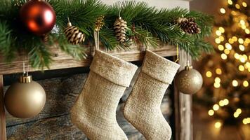 Eco-friendly Christmas scene with linen and wool stockings, natural pine branches, and wooden ornaments on a reclaimed wood mantle, softly illuminated by warm lighting. Christmas stockings, New Year video