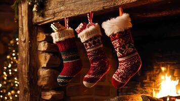Rustic fireplace with Christmas stockings in red and green, golden accents, and soft glowing lights, creating a warm and inviting holiday atmosphere. Christmas stockings, New Year video