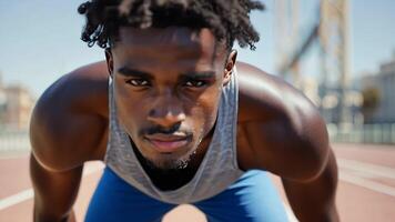 Young athletic man taking a break after sprint, leaning forward with hands on knees, cityscape and bridge visible in the distance video