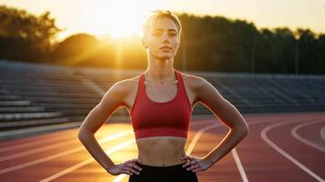Determined young woman in red sports bra and black leggings standing on a running track at sunrise with hands on hips and empty bleachers in the background video