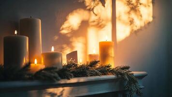 Abstract holiday fireplace scene with minimalist garland, soft shadows, and artistic lighting, creating a calm and expressive festive atmosphere. Holiday fireplace video