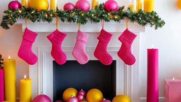 Vibrant holiday fireplace with pink and yellow garlands, modern stockings, and quirky decor, creating a playful twist on festive traditions. Holiday fireplace video