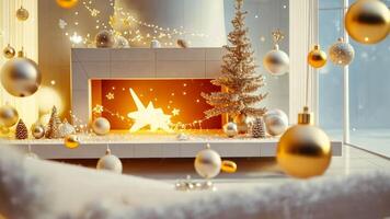 Surreal holiday fireplace with flames in star shapes, floating mantel, and whimsical elements like swirling garlands and floating ornaments for a dreamlike atmosphere. Holiday fireplace video