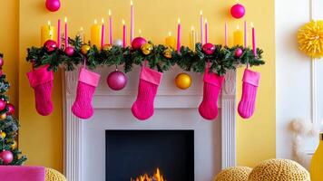 Playful holiday fireplace adorned with bold pink and yellow decorations, quirky ornaments, and a modern, cheerful holiday setup. Holiday fireplace video