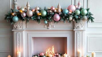 Dreamy holiday fireplace in soft pastel colors, with pink, mint, and blue ornaments, and flickering candles creating a whimsical festive atmosphere. Holiday fireplace video