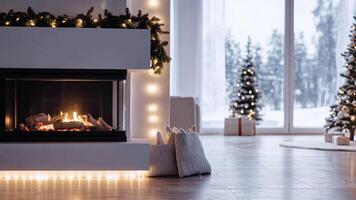 Modern holiday fireplace featuring monochromatic design, geometric stockings, and LED string lights, creating a clean and sophisticated Christmas atmosphere. Holiday fireplace video