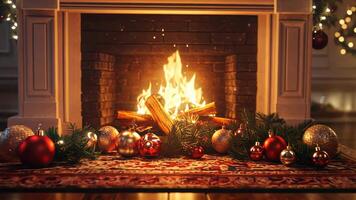 festlich 3d Kamin Szene mit realistisch Texturen, Ornamente, und glühend Feuer, Erstellen ein warm und Immersiv Urlaub Atmosphäre. Urlaub Kamin video
