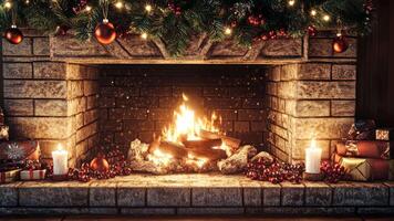 Cozy and realistic fireplace with delicate decorations, flickering fire, and intricate mantel textures, enhanced by soft candlelight for a festive ambiance. Holiday fireplace video