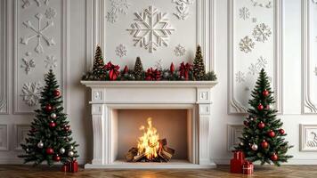 Unique holiday fireplace with abstract representations of traditional symbols, featuring geometric shapes and an artistic fire pattern for a modern twist. Holiday fireplace video