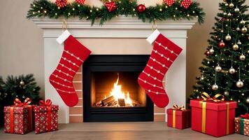 Modern flat design holiday fireplace with simple shapes, limited colors, and clean lines, ideal for web design and apps with a minimalistic festive look. Holiday fireplace video