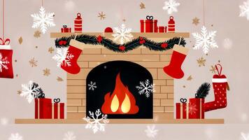 Minimalist flat design fireplace scene with clean lines, simple shapes, and no shadows, creating a sleek, modern look for web and app design. Holiday fireplace video