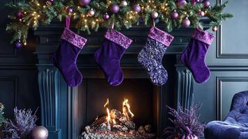 Dramatic holiday fireplace with navy and purple velvet stockings, dark ornaments, and a warm firelight glow creating a moody, elegant festive atmosphere. Holiday fireplace video