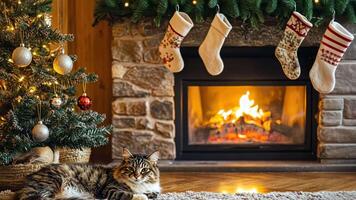 Holiday fireplace with cozy pet-themed decorations, a fluffy cat on a plush rug, and a small Christmas tree adorned with shatterproof ornaments. Holiday fireplace video