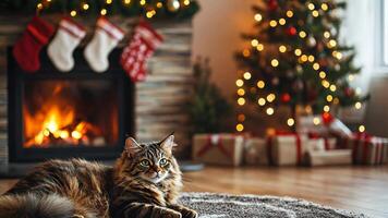Cozy holiday fireplace with a fluffy cat lounging on a plush rug, pet-themed stockings, and a cat-friendly Christmas tree, creating a warm, inviting atmosphere. Holiday fireplace video